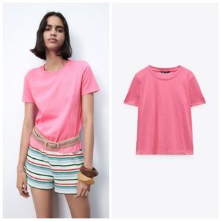 Zara Barbie Pink Basic Plain Cotton Round Neck T-Shirt