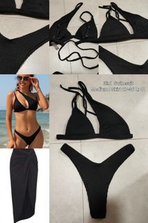 Black 3in1 Swimwear Textured Cutout One Shoulder High cut Cheeky Bikini with long skirt Cover up 3in1 Swimwear Bikini Set