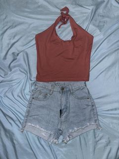 Cropped Halter Top and Denim Washed Shorts