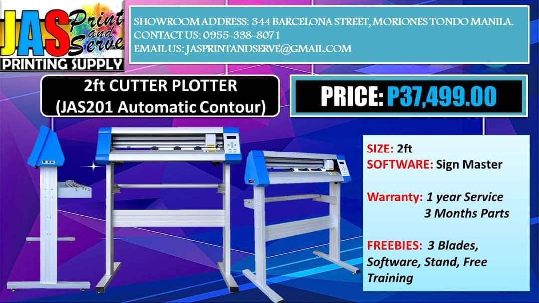 Cutter plotter 2ft (jas201 automatic contour) (Category: Printers, Scanners & Copiers) located in Manila. Submitted by melvinflor41363 (Listing ID 1295661982, Image 1). Description: Size: 2ft Software: sign master Warranty 1year service 3months parts Freebies 3blades, software, stand, free training Contact:09553388071 Jas print and serve printing supply .