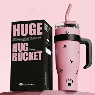 HUGE 1200ml Black & Pink Water Tumbler with Handle and Straw [kpop]