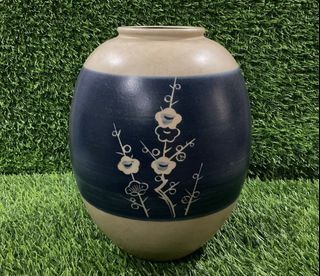 Ikebana Stoneware Handpainted Beige Sakura Flower Cobalt Blue Global Vase with Engrave Signature Markings 10” x 6” inches - P650.00