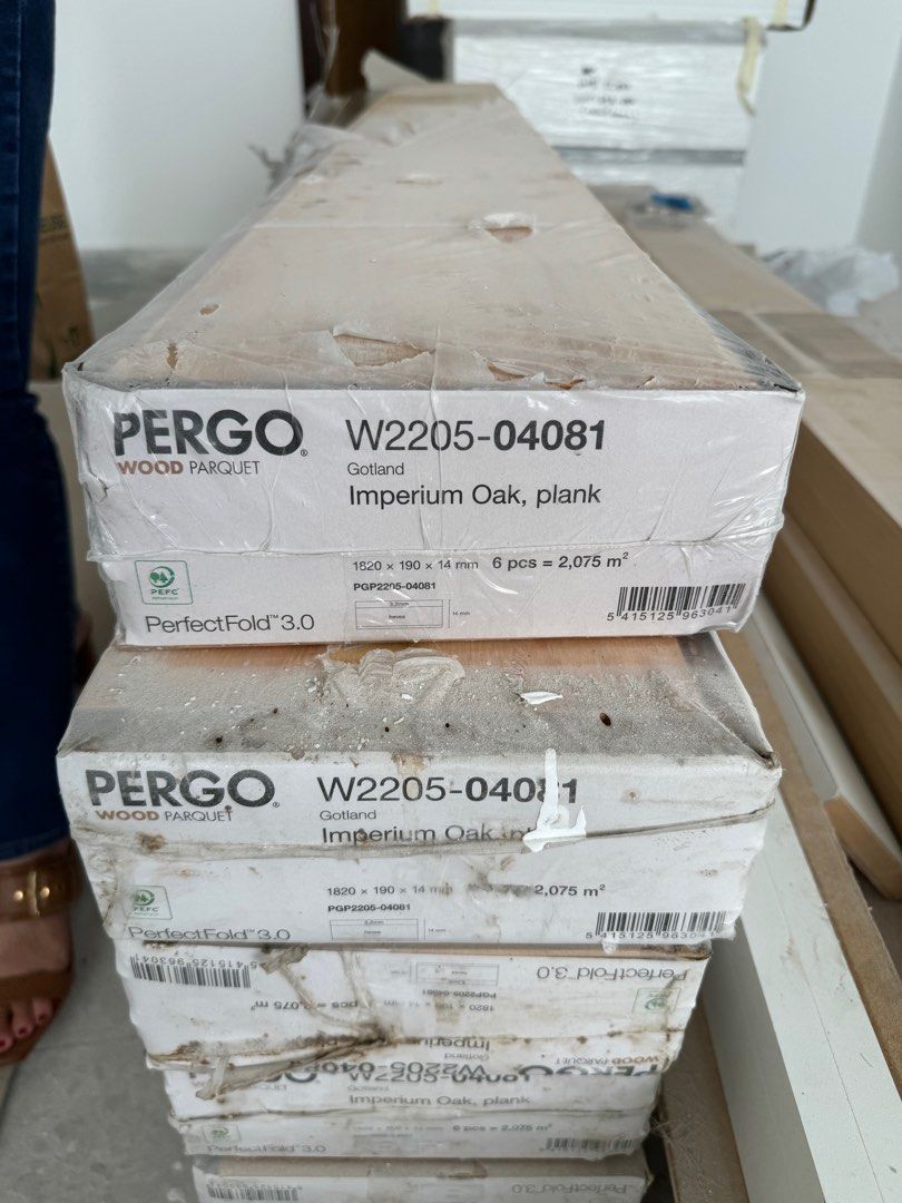 Pergo wood parquet per box (Category: Construction & Building Materials) located in San Juan City. Submitted by vix13 (Listing ID 1295649753, Image 2). Description: Available 62 boxes of 1820x190x14mm new Imperium Oak wood parquet. 1 box is good for 2.075 sqm. SRP price is 10,950 per box but selling for P6,500/box. 1 box = 2.075sqm .