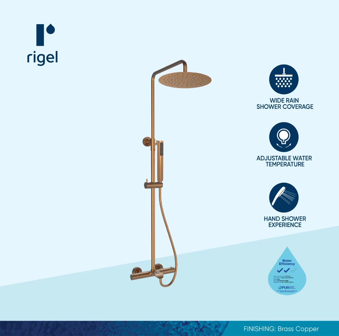 Rigel Thermostatic Brushed Copper Rain Shower Set W2RTSME14418T (BrCu), Furniture & Home