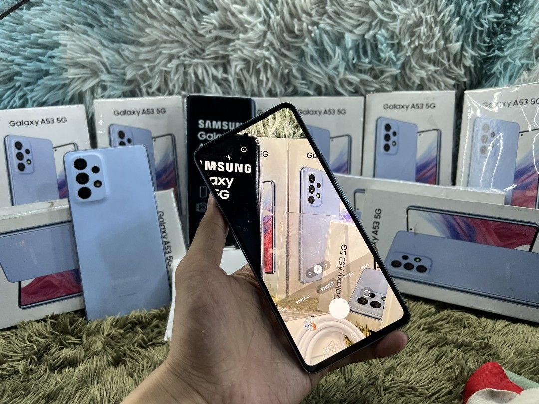 Samsung A53 5g (Category: Samsung) located in Quezon City. Submitted by mubrogadgets (Listing ID 1295584337, Image 3). Description: SUPER SALE!!! 🔥SAMSUNG A53 5g❤️ for sale or swap 8500 pesos only NEW!mall full-out unit, not used may mga amoled burn na bo scratches or dents ➡️Super linaw ng both camera ➡️finger print in display ➡️gaming Phone • 128GB | 8GB • NTC •Super AMOLED, 120Hz, 800 nits (HBM) •5000 mahh •Exynos 1280 (5 nm) • Inclusion: com