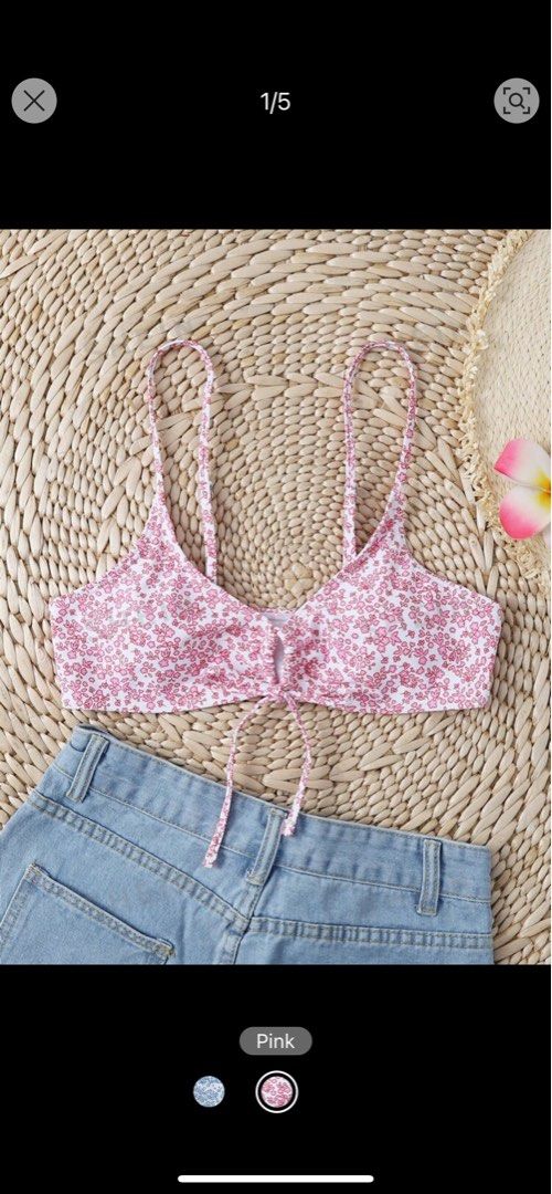 Shein Ditsy Floral Tie Front Bikini (Category: Bikinis & Swimsuits) located in Quezon City. Submitted by _lrsbl (Listing ID 1295549182, Image 1). Description: Bought for ₱208 Wore once to fit RFS: Didn’t like how it looked on me.