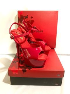 SIZE 6 7 OR 8 Authentic Brand New  Pleaser Delight 609 Red Patent Shiny Wetlook Ankle Strap 6 inch Stiletto High Heel Peep Toe Pole Dancing Platform Sandal Shoes