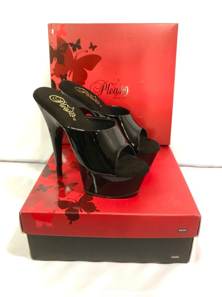 SIZE 6 Authentic Brand new in box Pleaser Delight 601 black shiny wet Look Patent Platform Ultra Pole Dance 6 Mule Sandals High Heels