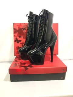 SIZE 7 OR 8 Auth Pleaser Brand Shoes Adore 1020 Shiny Wetlook Black Patent Lace Up Pole Dancing High Heel Stiletto 7 inch Boots