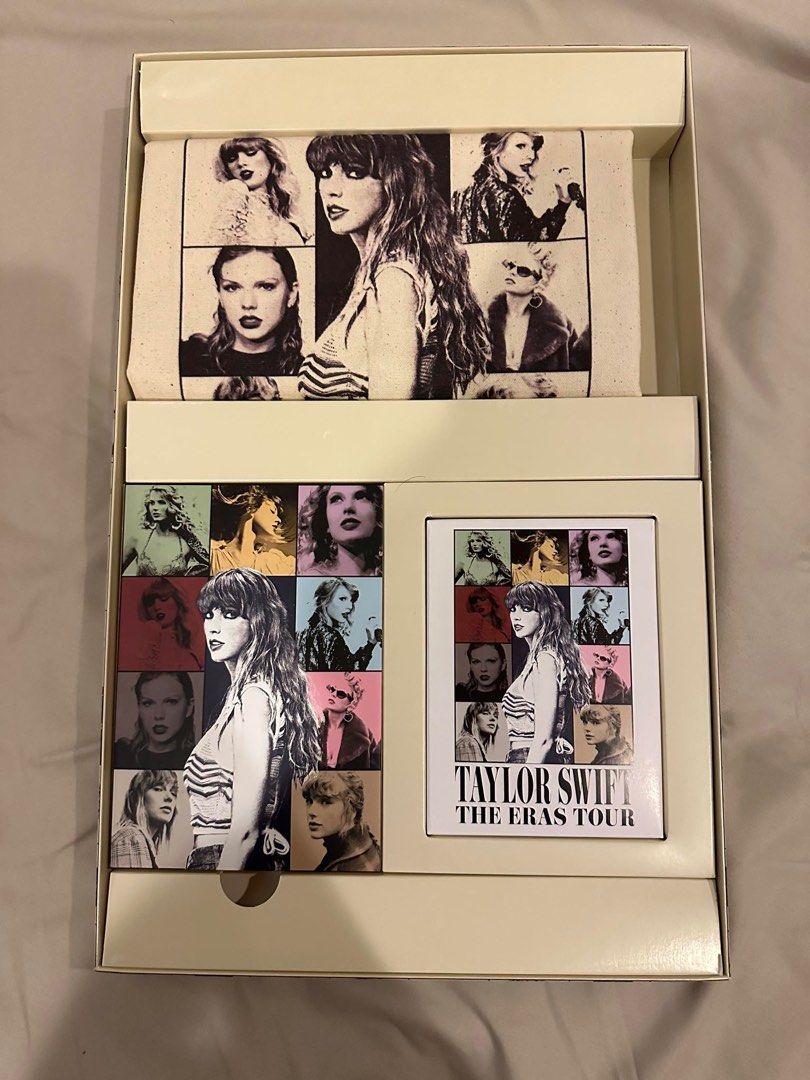 TAYLOR SWIFT - VIP Eras Tour box (Category: Western Merchandise) located in Muntinlupa City. Submitted by cjcv0 (Listing ID 1295524252, Image 1). Description: Selling our VIP Eras Tour box. RFS: My gf has another box. Inclusions: 1 tote bag 1 collectible pin 4 exclusive print 10 postcards VIP ID and Lanyard VIP Merch Box Not included: VIP Ticket.