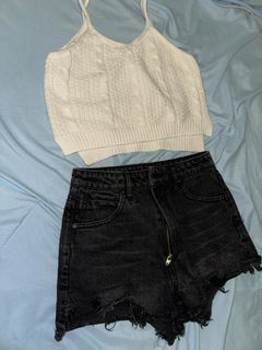 White Knitted Cropped Top and Black Denim Shorts