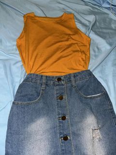 Yellow Tank Cropped Top and Buttoned Denim Skirt