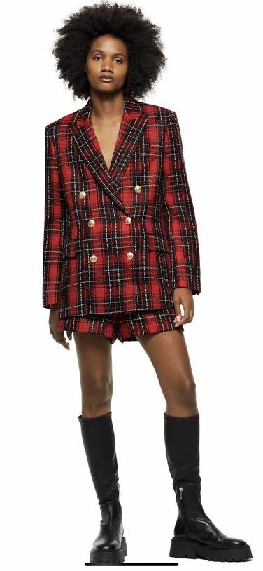 Red and black plaid blazer women's sale