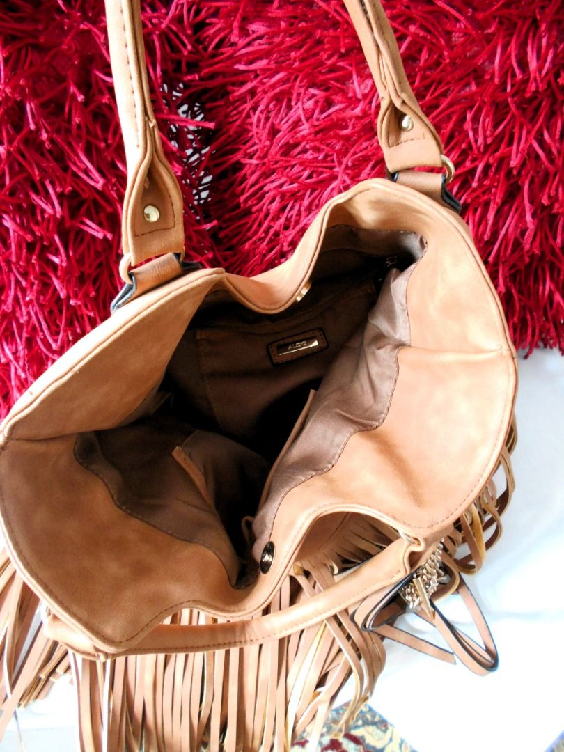 ALDO Tan Brown Leatherette Fringe Tassel Shoulder Crossbody Tote Work Party Bag with Gold Charm