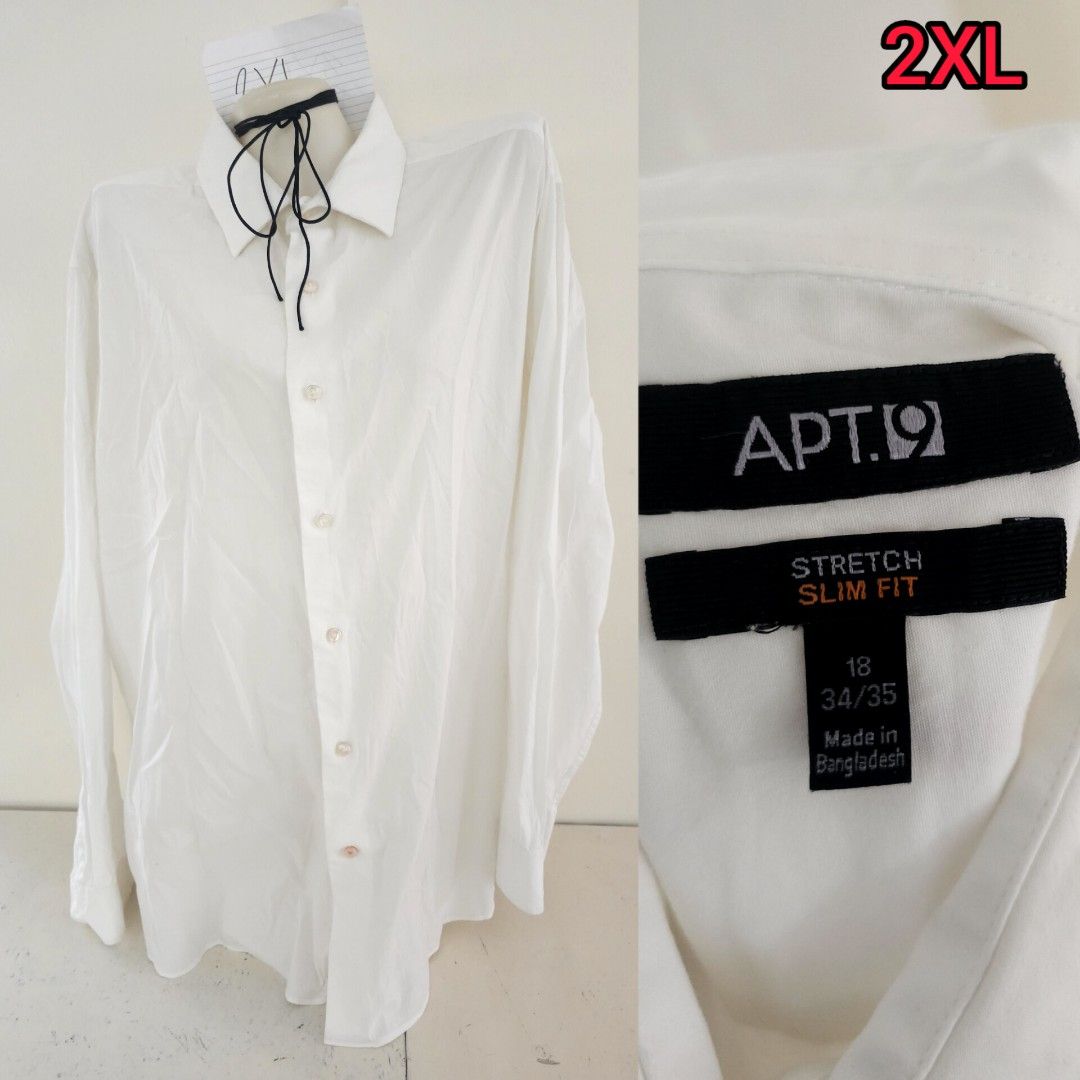 Apt.9 Stretch Slim Fit Plus size Longsleeves White Button Down Polo Shirt 2XL in size