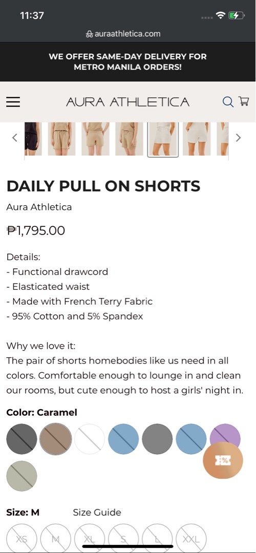 Aura Athletica Daily Pull On Shorts (S) (Category: Shorts) located in Quezon City. Submitted by nmdeclutters (Listing ID 1290968922, Image 3). Description: Details: - Functional drawcord - Elasticated waist - Made with French Terry Fabric - 95% Cotton and 5% Spandex Size Small Retails for ₱1,795.00 Bought from Aura Athletica, Rockwell Like new. Used twice at most. Shipping c/o buyer Super cute, thick fabric! Note: As always, unreasonable low ball