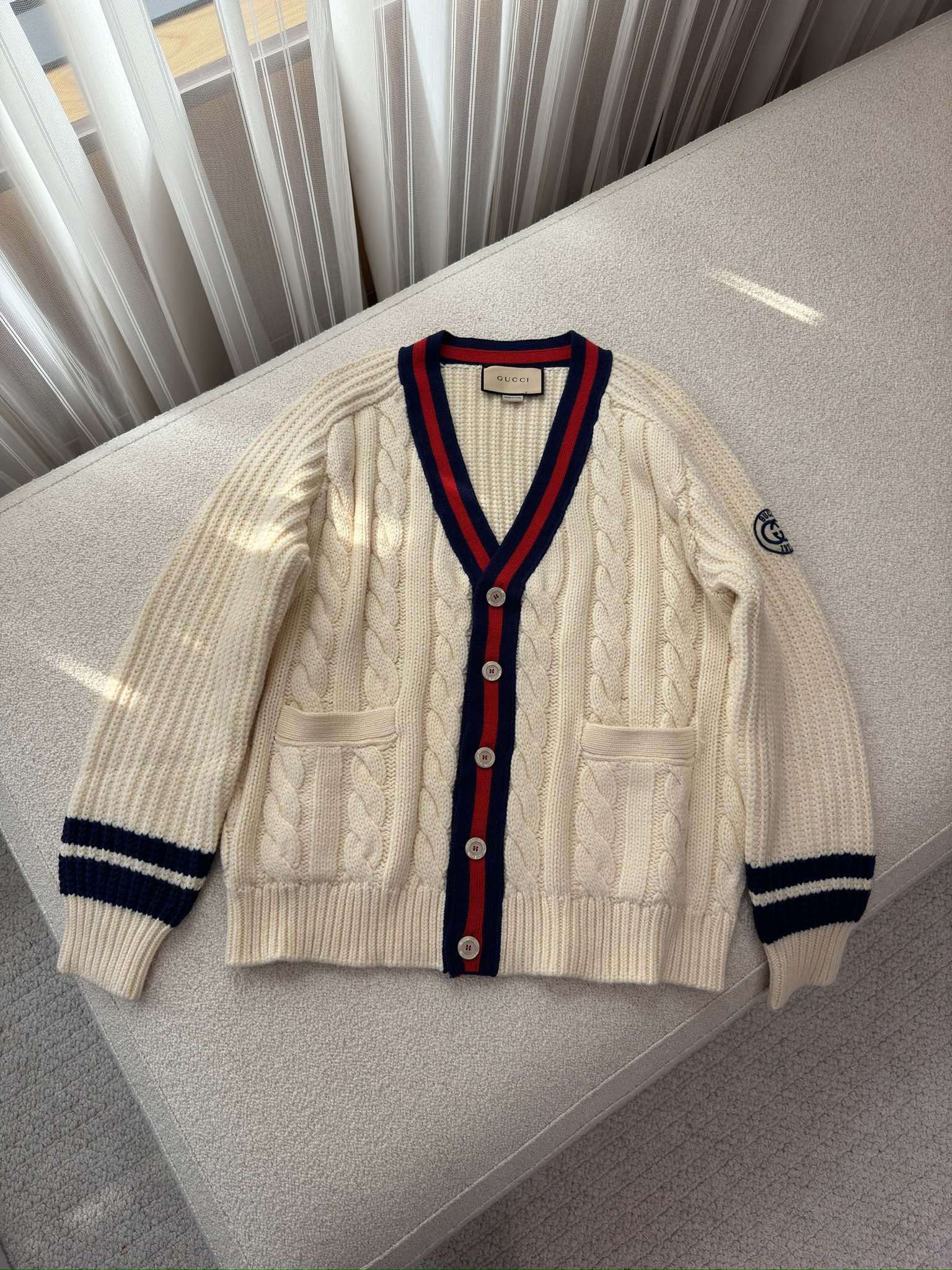 Authentic gucci Web Cable Knit Wool Cardigan