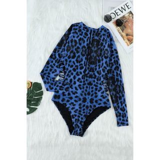 Blue Leopard Print One Piece Rash Guard Swimsuit - Medium