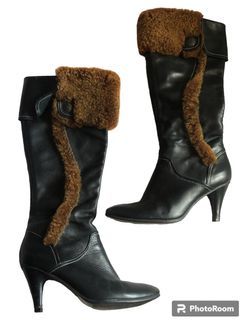 brown fur black leather high heel boots vintage 2000s 90s y2k retro