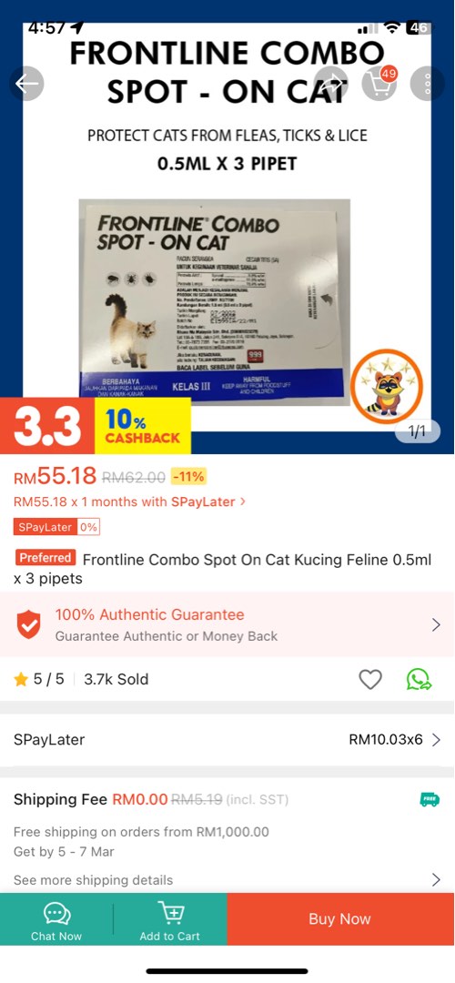 Frontline Combo Spot On Cat Kucing Feline 0.5ml x 3 pipets Ubat