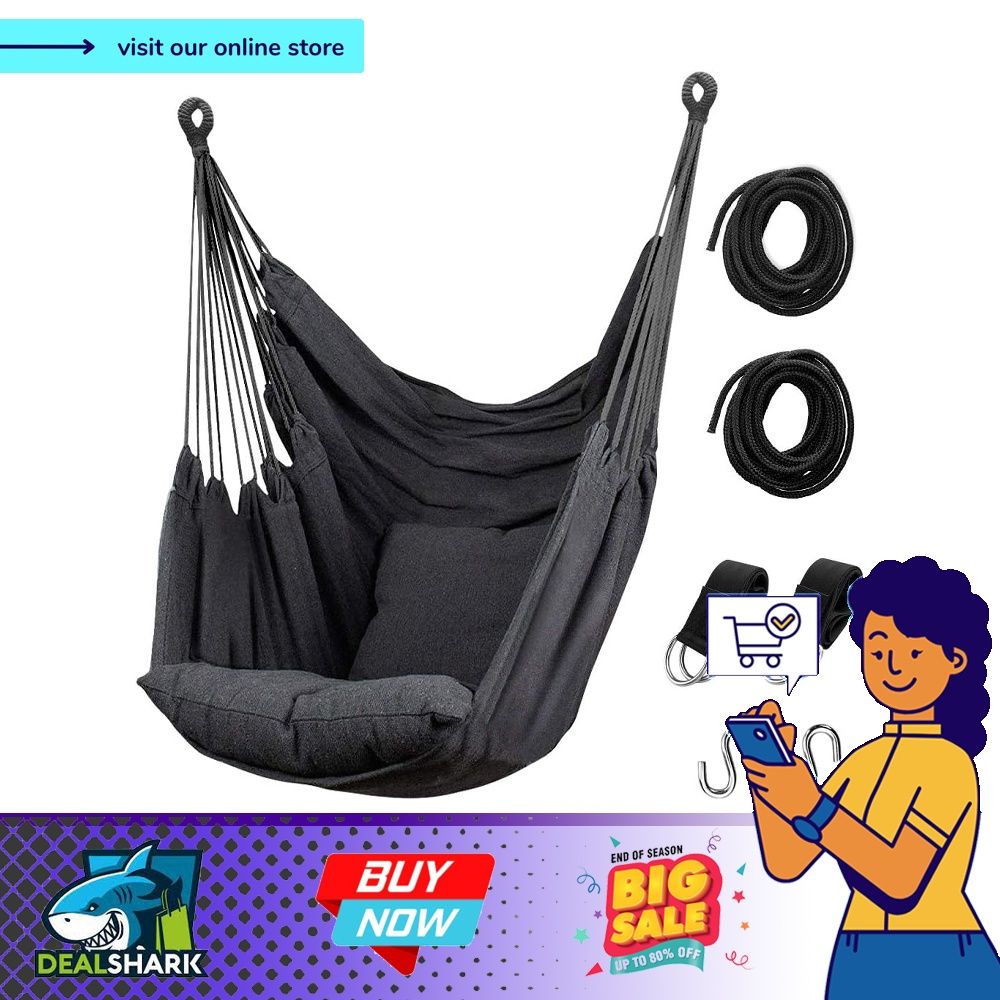 Hommtina Hammock Chair Hanging Rope Swing Max 300 Lbs Hanging Chair with Pocket Quality Cotton Weave for Superior Comfort Durability Perfect for Outdoor Home Bedroom Patio Yard Dark Gray Furniture