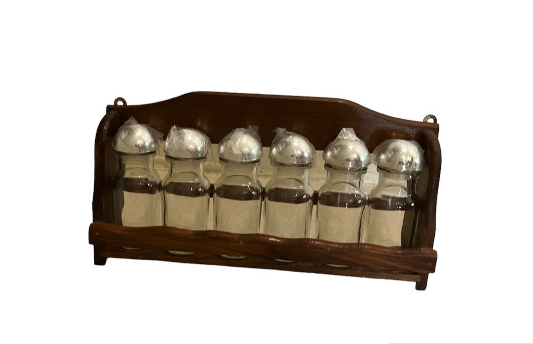 Japan wooden spice rack (Category: Food Organization & Storage) located in Silay City. Submitted by royal_salisbury.0215 (Listing ID 1290858509, Image 2). Description: 🌺🌸Brand new wooden frame spice rack with sabitan * may rust lng po ang sabitan kasi matagal ng nakatago 6pcs po ang glass containers and bago po sila may plastic pa ang takip For only 500. Made in Japan po sila. Wala na po ang box kasi nasira na. Please pm us nlbg po for further 