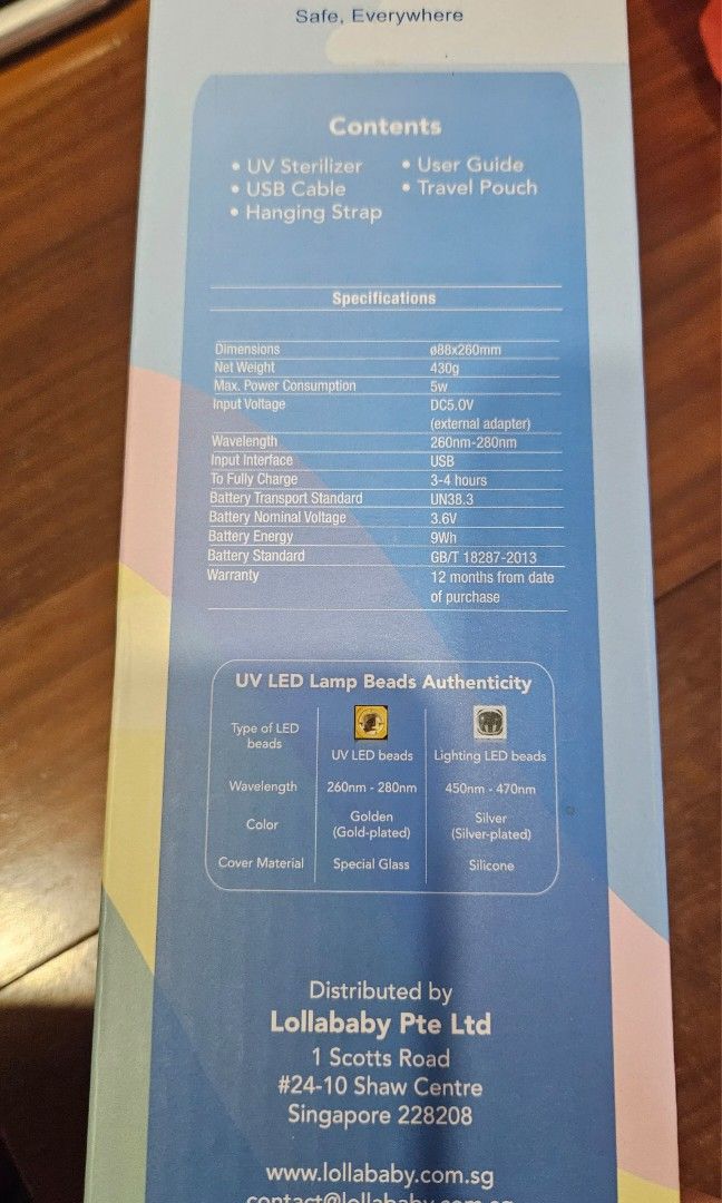 Lollababy portable led uv sterilizer (Category: Breastfeeding & Bottle Feeding) located in Singapore. Submitted by missus_g (Listing ID 1290812655, Image 3). Description: brand new in box.