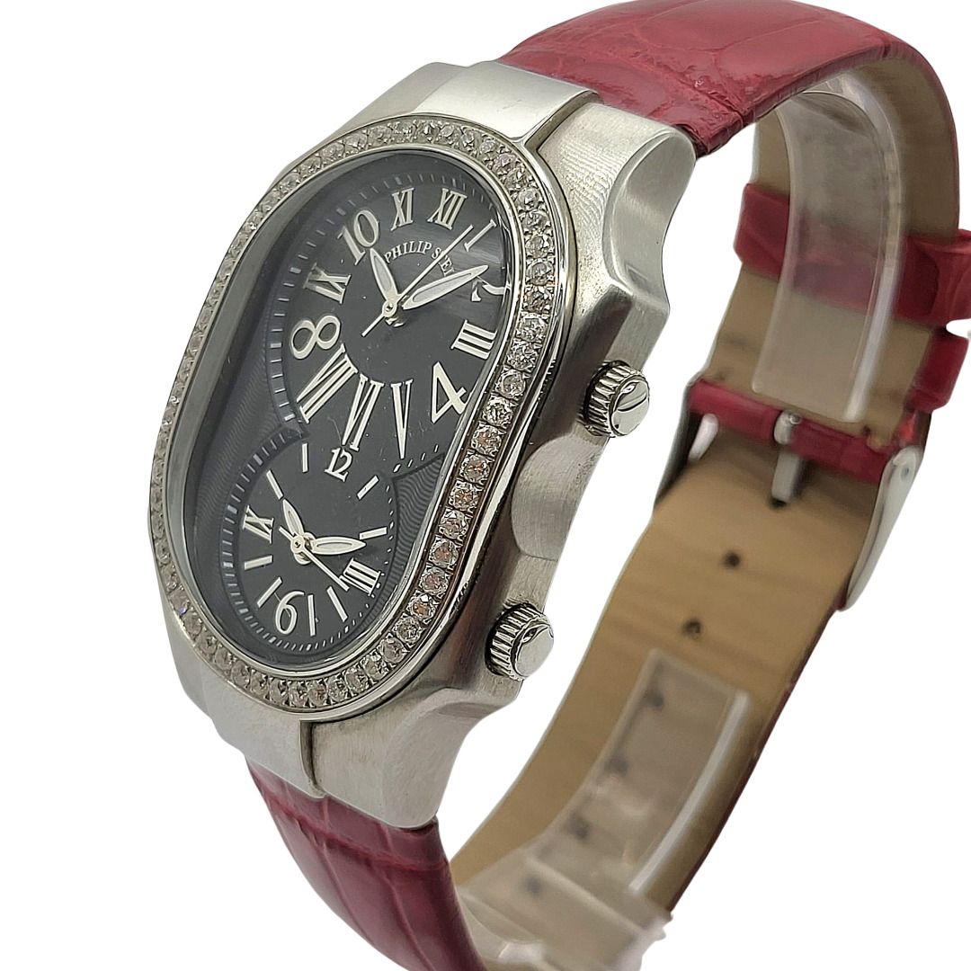 PHILIP STEIN Signature Large Dual Time Diamond Bezel Watch 53x35mm