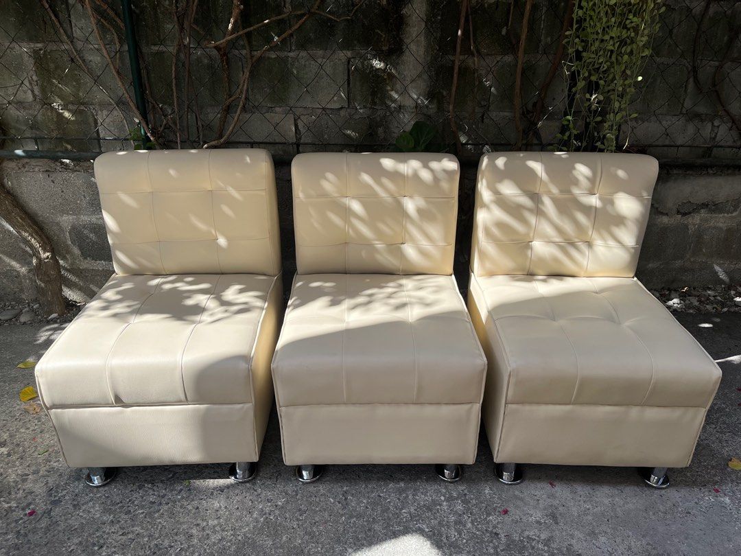 White Leatherette single sofa chairs set of 3 (Category: Sofas) located in Las Pinas. Submitted by abby_e_g (Listing ID 1290875431, Image 1). Description: Uratex Foam Solid Wood Frame Available in Fabric, Leatherette and Genuine Leather (price will vary) Pre order 3-5 days lead time Delivery thru lalamove within Manila Unless bulk orders we can deliver.