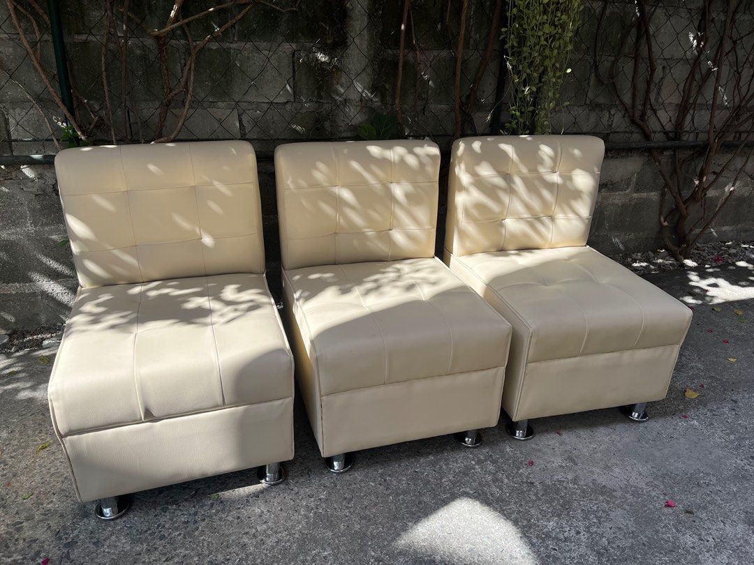 White Leatherette single sofa chairs set of 3 (Category: Sofas) located in Las Pinas. Submitted by abby_e_g (Listing ID 1290875431, Image 2). Description: Uratex Foam Solid Wood Frame Available in Fabric, Leatherette and Genuine Leather (price will vary) Pre order 3-5 days lead time Delivery thru lalamove within Manila Unless bulk orders we can deliver.