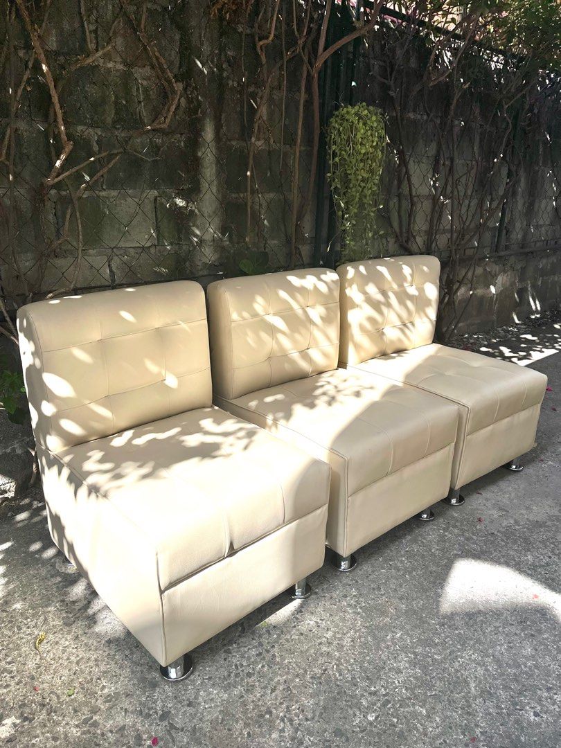 White Leatherette single sofa chairs set of 3 (Category: Sofas) located in Las Pinas. Submitted by abby_e_g (Listing ID 1290875431, Image 3). Description: Uratex Foam Solid Wood Frame Available in Fabric, Leatherette and Genuine Leather (price will vary) Pre order 3-5 days lead time Delivery thru lalamove within Manila Unless bulk orders we can deliver.