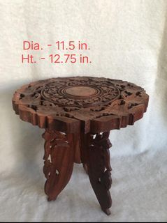 Wooden Hand Carved Side Table/Plant Stand with Brass Inlay (11.5” dia.)