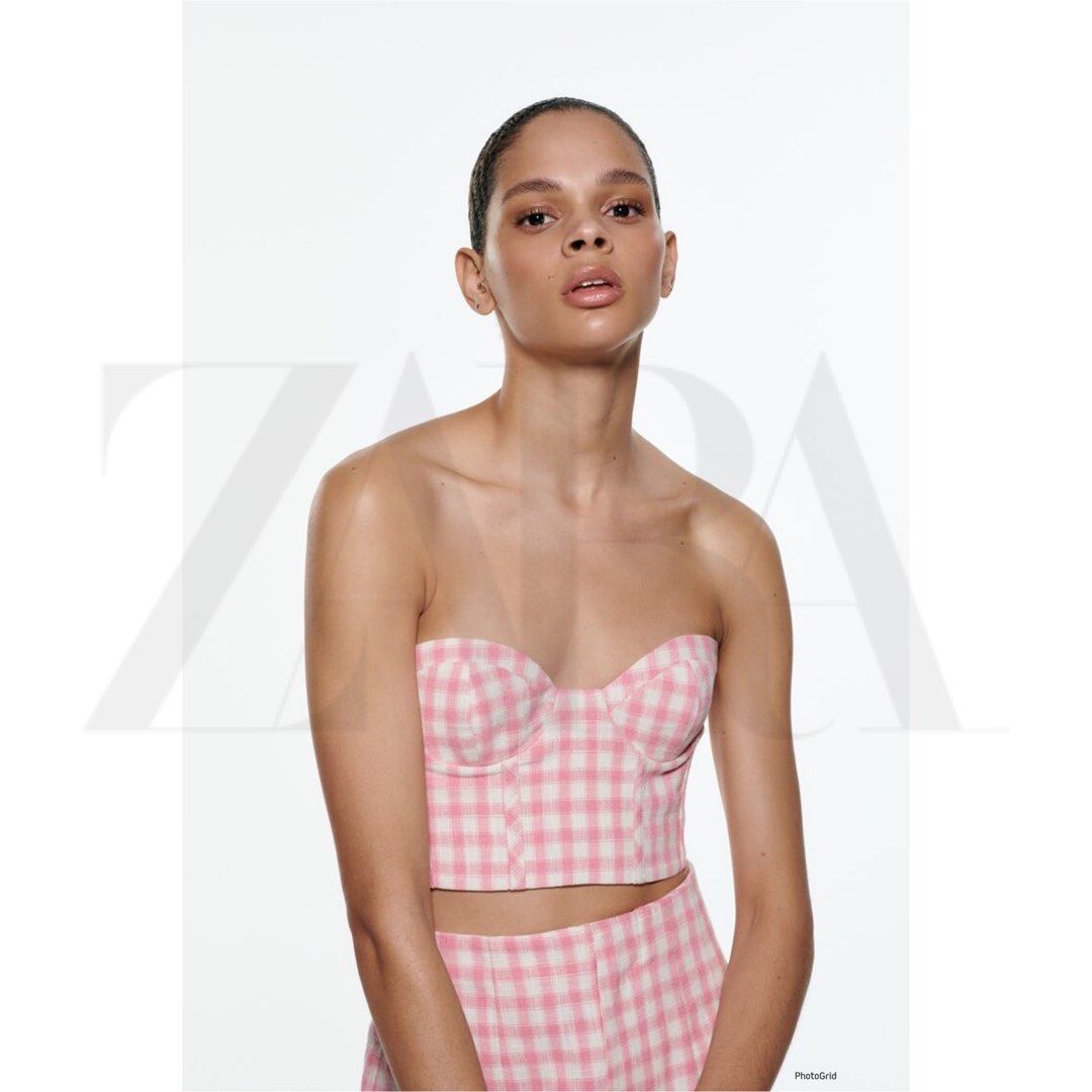 ZARA Checkered Tube Korset Bustier, Fesyen Wanita, Pakaian Wanita