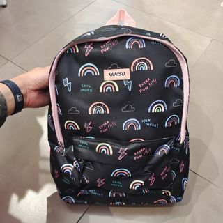 30% off. Miniso Black Backpack. Rainbow, lightning, clouds.