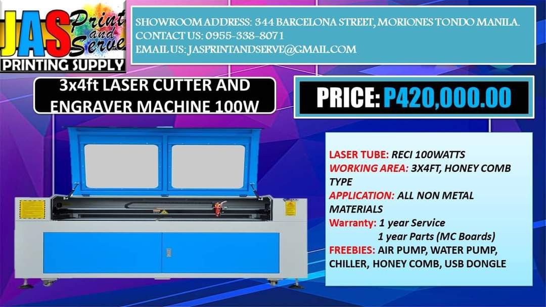 3x4ft LASER CUTTER AND ENGRAVER MACHINE 100W (Category: Printers, Scanners & Copiers) located in Manila. Submitted by melvinflor41363 (Listing ID 1295756426, Image 1). Description: LAZER TUBE: RECI 100WATTS WORKING AREA:3x4ft, HONEY COMB TYPE APPLICATION: ALL NON METAL MATERIALS WARRANTY: 1 Year Service 1 Year Parts (MC BOARD) FREEBIES: AIRPUMP, WATER PUMP, CHILLER, HONEYCOMB, USB DONGLE.