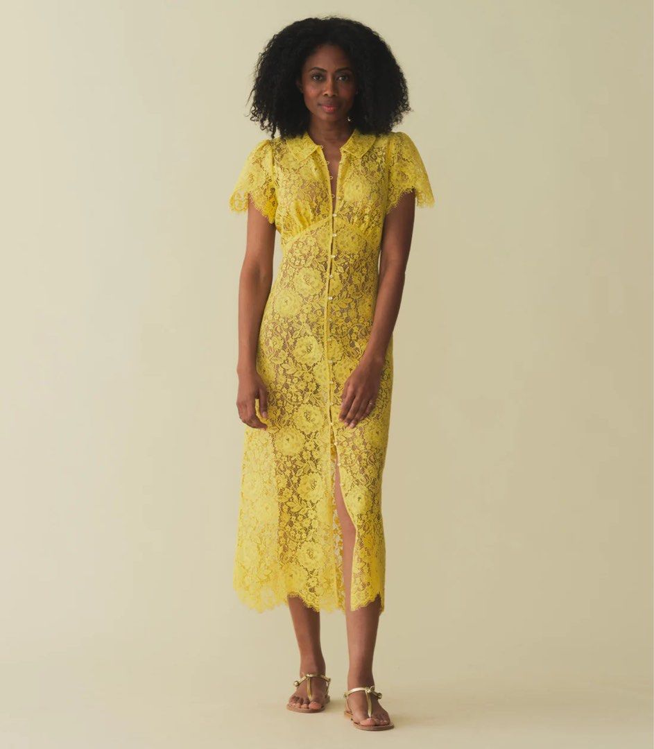 Yellow lace dress midi deals