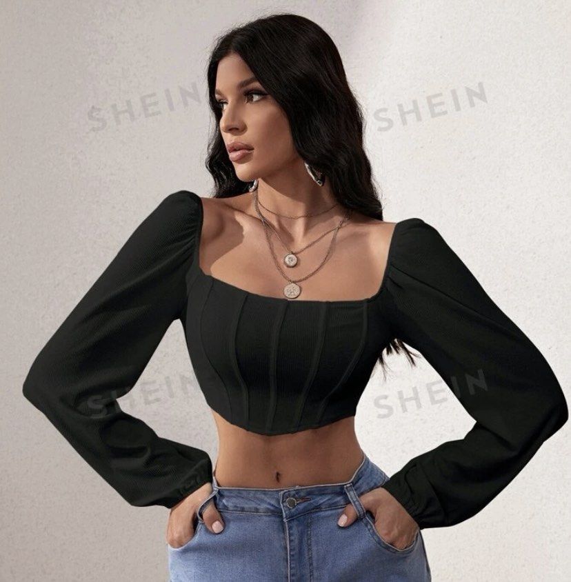 shein long sleeves square neck crop top (Category: Blouses) located in Pasig City. Submitted by msthriftqueen (Listing ID 1295699110, Image 1). Description: • Never used • Bought this from shein Rfs: decluttering .