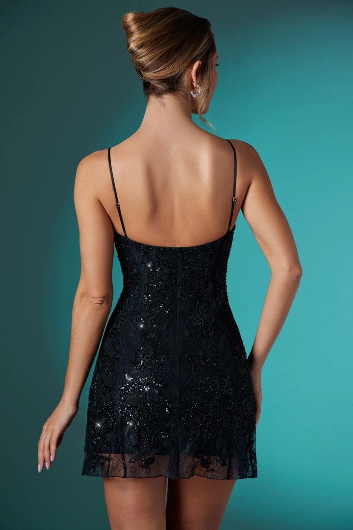 blue dress for baby girl Adia Embellished Cut Out Mini Dress in Black main image 1