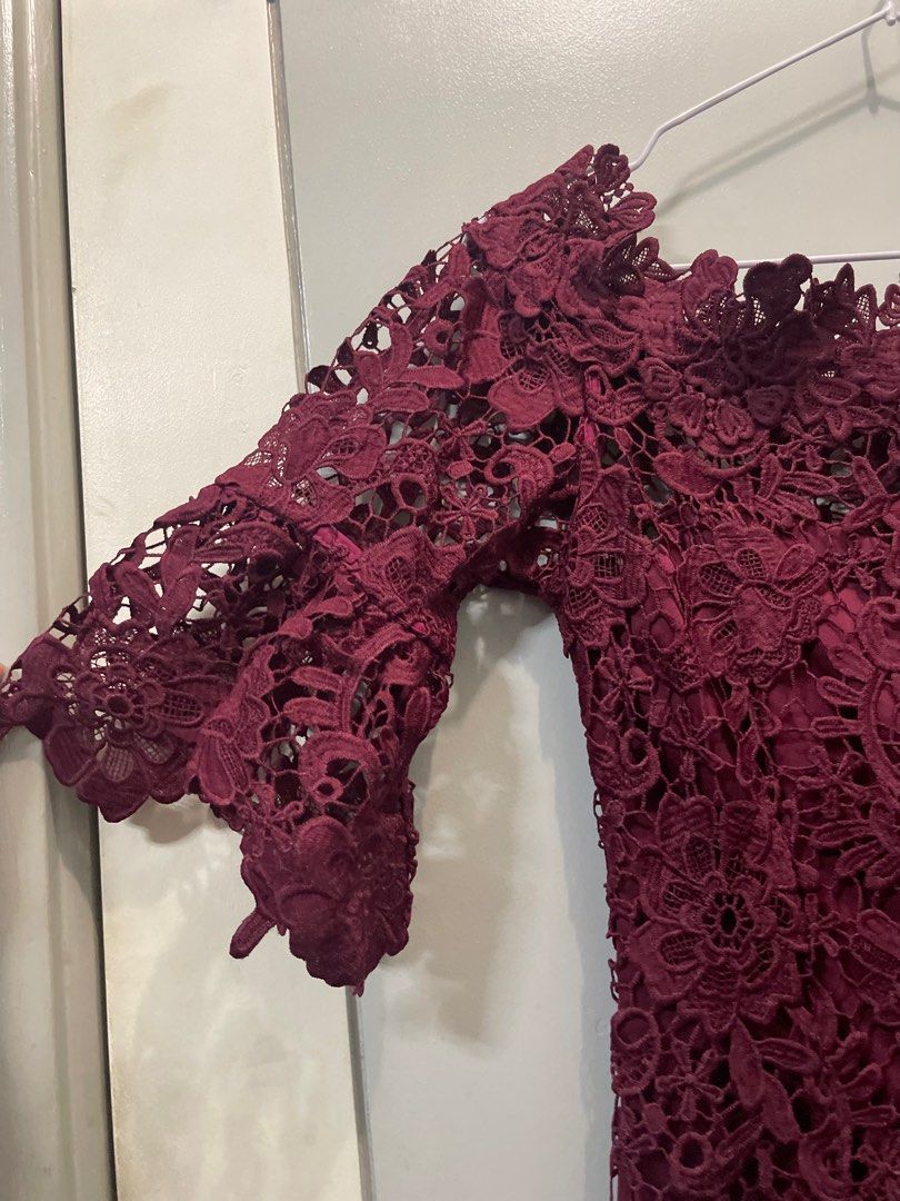 Paper Dolls Petite off shoulder crochet midi dress with frill sleeve Burgundy Women s Fashion Dresses Sets Dresses on Carousell