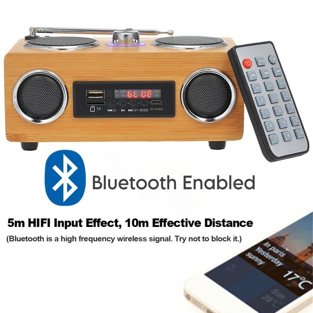 Portable Wireless Bluetooth Speaker Subwoofer Bamboo Wood Multifunction Radio Retro Deep Bass with TF USB/Ready stock/Bluetooth Speaker (Category: Soundbars, Speakers & Amplifiers) located in Singapore. Submitted by Gadgets_Flash (Listing ID 1295837427, Image 2). Description: 1/ Bluetooth Connectivity: This speaker can connect to devices such as smartphones, tablets, or computers wirelessly via Bluetooth. This allows you to stream audio from your