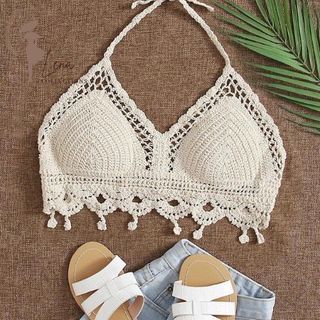 Scallop Trim Knot Halter Crochet Top Crochet Bikini Top with PAD Beachwear Top Summer top
