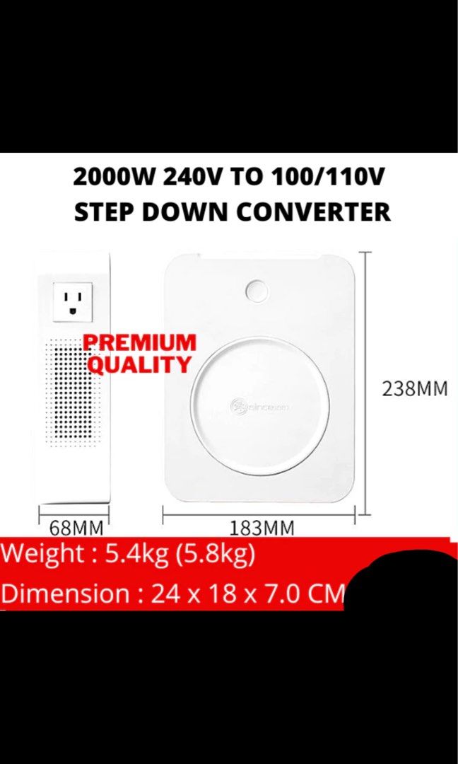 Step down transformer (Category: Electrical, Adaptors & Sockets) located in Klang. Submitted by zafirajunk (Listing ID 1295845923, Image 1). Description: Premium high quality step down transformer Features: - high efficiency rate - thermal cut off / overcurrent protection - 3 pin malaysia plug - dual output socket, 100v for japan appliances, and the other side 110v for usa appliances - premium 2000 w -weight: 5-6kg. - size: 24x 18 x 7 in cm.