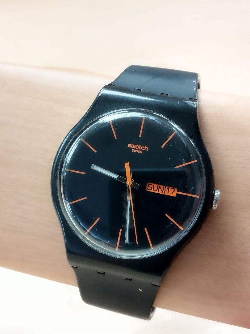 Swatch Dark Rebel Watch SUOB704 Black Strap Orange Dial