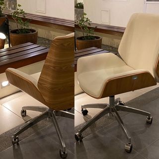 (SOLD) Wood Leather Computer Chair (cream white) 🪵 minimalist unique aesthetic