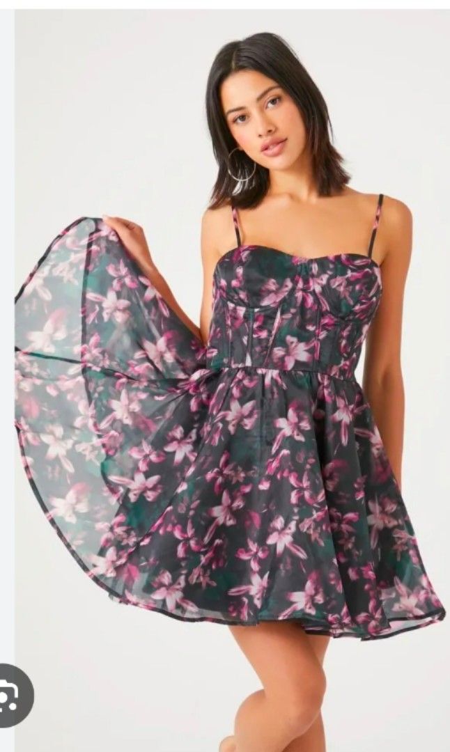 forever 21 organza dress Large Twenty One Fit And Flare Dress Floral Organza Sleeveless Deep V-Neck Lace
