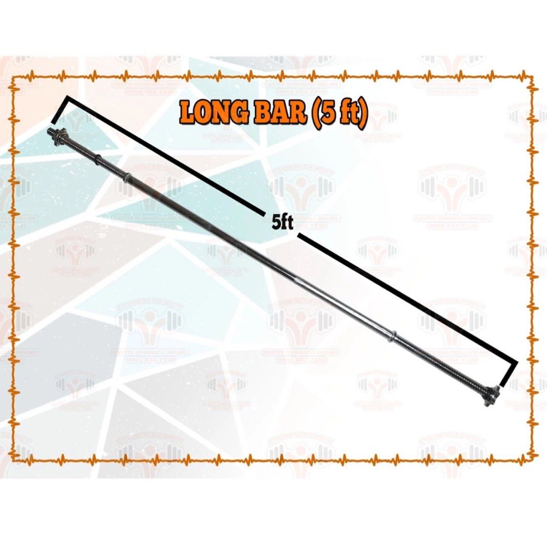 Long Barbell Bar with FREE 2 Barbell Clamps (Category: Weights & Dumbbells) located in Dasmarinas. Submitted by fancy_styleph (Listing ID 1296019721, Image 1). Description: ►Long barbell bar with 2 spin lock collars (5 FT) • Used for bench press, squats, deadlifts, bicep curl and military press • This standard 5-foot bar is made of solid steel with threaded ends and finished with a chrome coating • Accommodates 1 inch plates – Designed with a 1-i