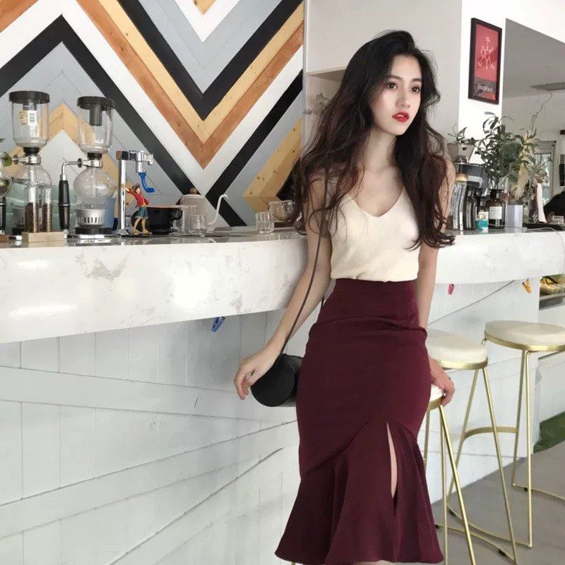 Maroon Red Mermaid Slit Midi Skirt