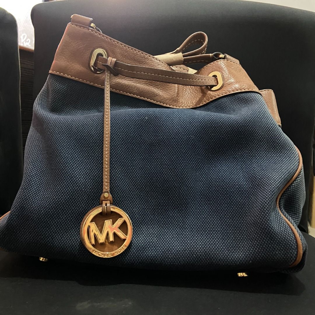 MICHAEL KORS Marina Large Denim Drawstring Tote Bag in Dark Blue and Brown Luxury Bags Wallets on Carousell