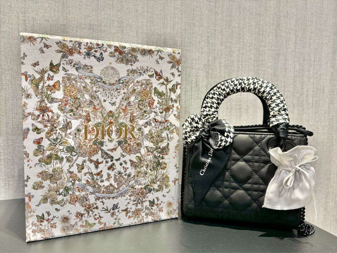 Mini Lady Dior Bag Black Ultramatte Cannage Calfskin with 30 Montaigne Mitzah Scarf