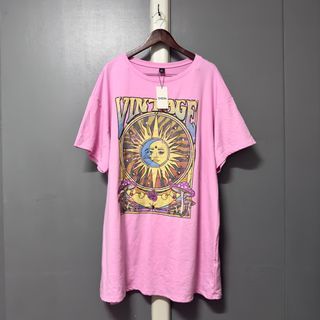 Oversized Sun and Moon Vintage Tarot Print Pink Tshirt Dress for Plus Size ❤️ (3XL)